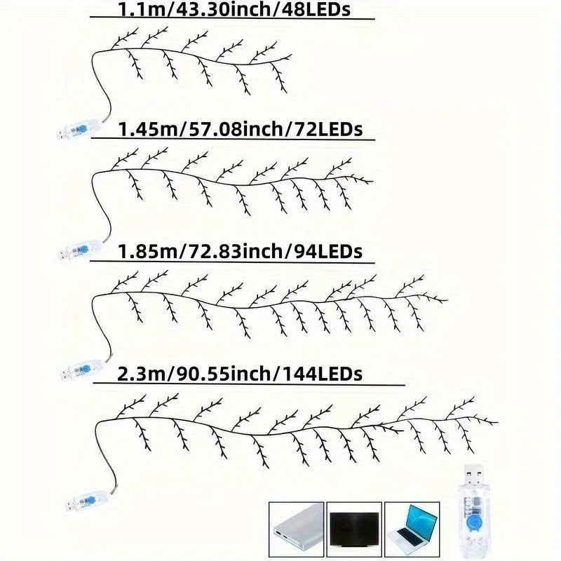 USB-Powered Willow Vine Fairy Lights - Bendable Tree Branches with 8 Modes Outdoor Party Decor for Valentine's Day Holidays