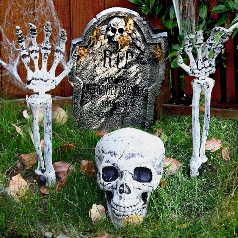 Halloween decor Skeleton Stakes Halloween Realistic Skull Skeleton Head Human Hand Arms for Halloween Party Home Garden Lawn