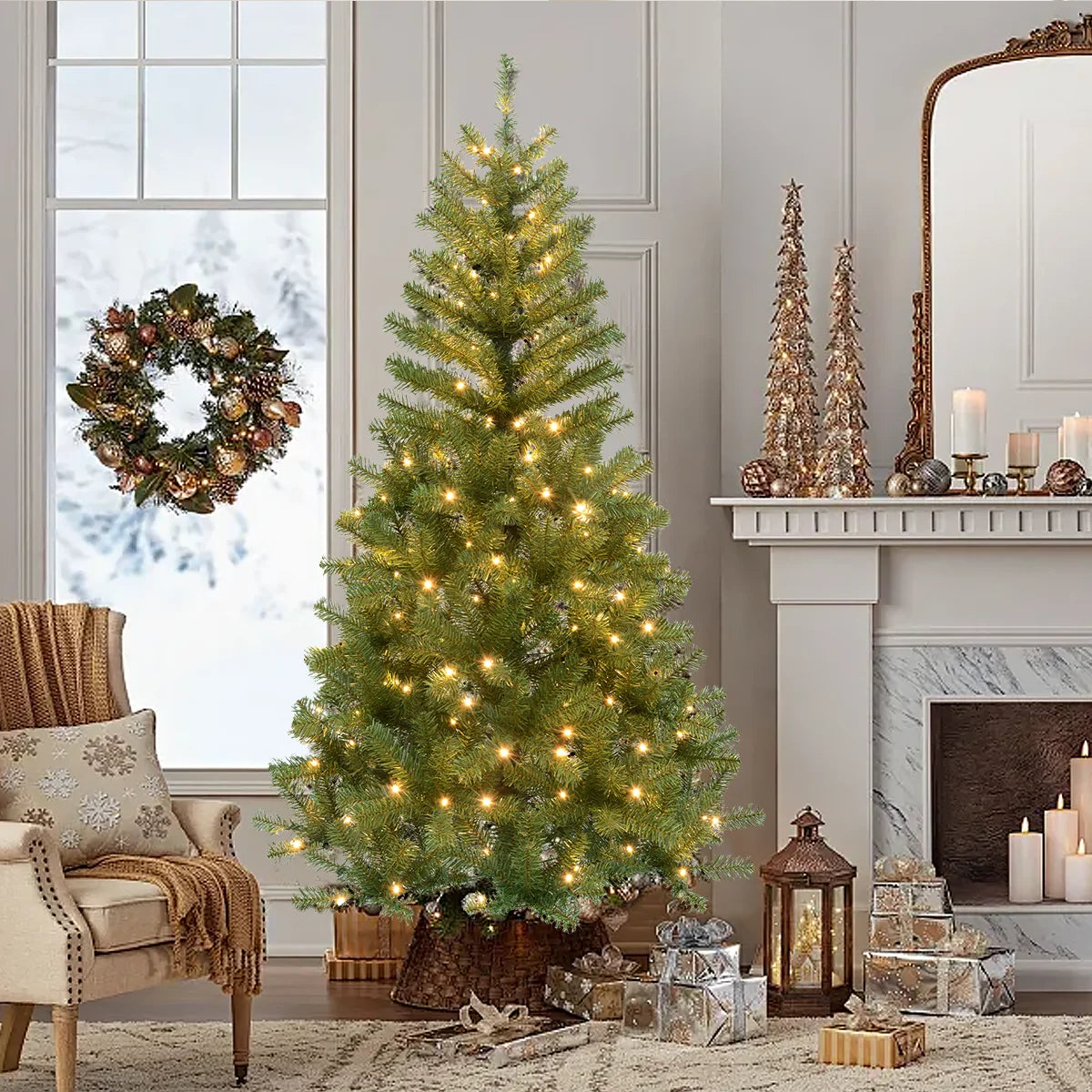 6FT/6.23FT Pre-lit Falling Snow Artificial Christmas Tree, Indoor, Holiday, DIY, Home, Room, Kitchen, Party, Christmas Decor