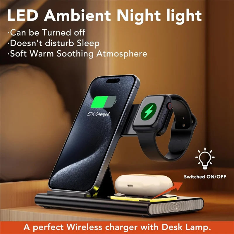 300W Foldable 3 In 1 Wireless Charger Stand Pad Desktop Fast Charging Station For iPhone 16 15 14 13 Samsung Apple Watch Airpods
