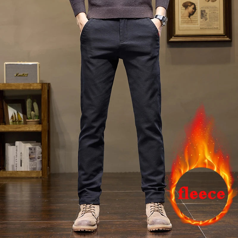 Warm Fleece Pants Winter Man Cowboy Man Thermal Fleece Lined Korean Fashion Slim Thicken Plush Wool Boot Cut Jeans Men