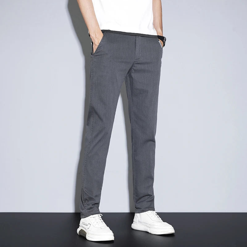 Spring Summer Classic Men's Casual Pants Stretch Slim Business Cotton Trousers Fashion Zippered Pocket Thin Men Pants Korean - You Offer
