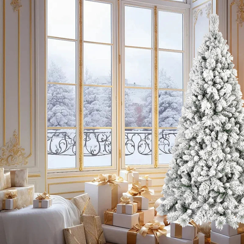 8FT Flocked Christmas Tree with 1445 Tips – Snowy PVC & Hard Needle Branches, Hinged Structure for Easy Setup, Stable Metal Stan