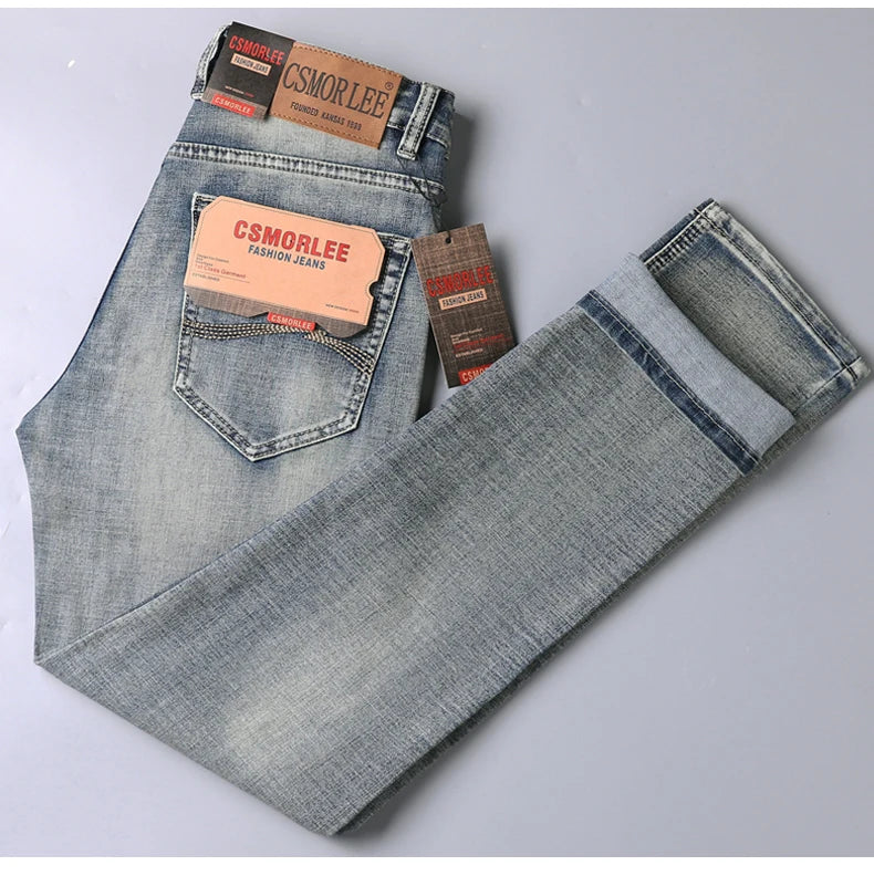High-end Light Luxury Brand Jeans Men's Retro Slim Fit Straight Versatile Casual Gray Trousers Autumn and Winter Thick Jeans - You Offer