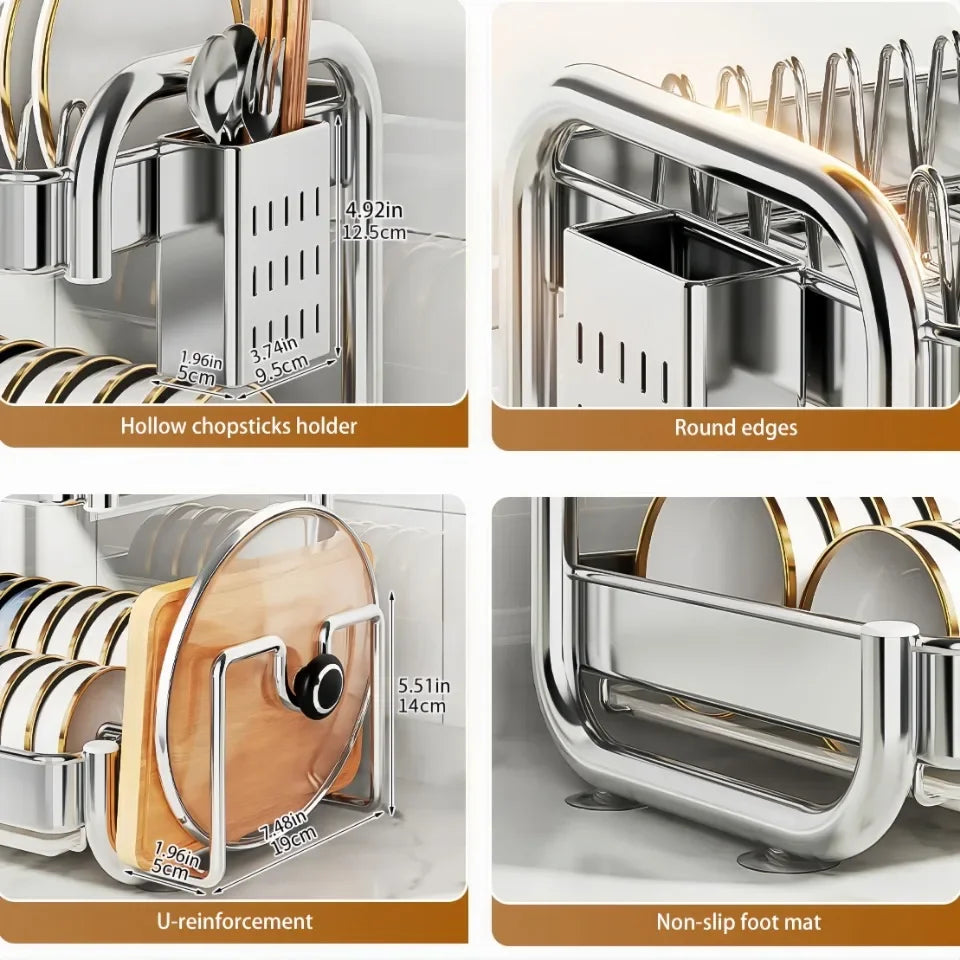 Dish Drying Rack Multifunctional Rustproof Big-capacity Bowl Storage Shelf Stainless Steel Multilayer Spacesaving Draining Shelf