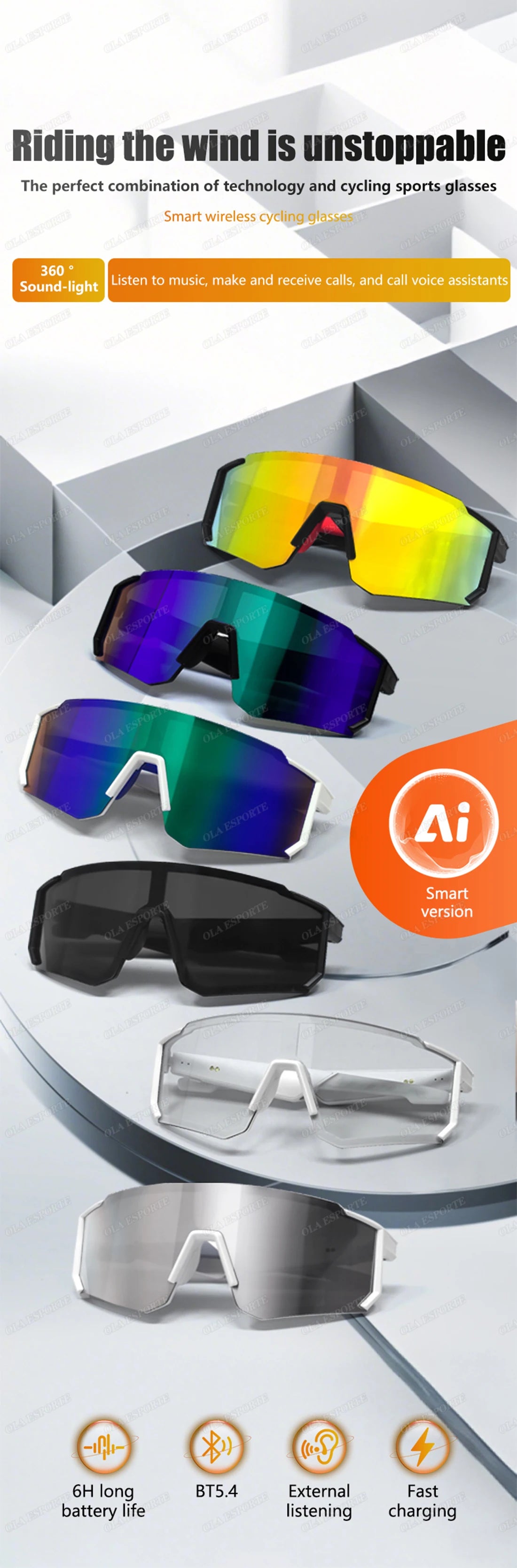 Newest audio Outdoor Smart Glasses Wireless Bluetooth Call Music Cycling Sports Headphone UV Protection Sunglasses for Men Women