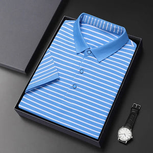 2026 Men's New Striped Cotton Business Casual Short Sleeved POLO Shirt Fashion Short Sleeved Comfortable and Breathable Top