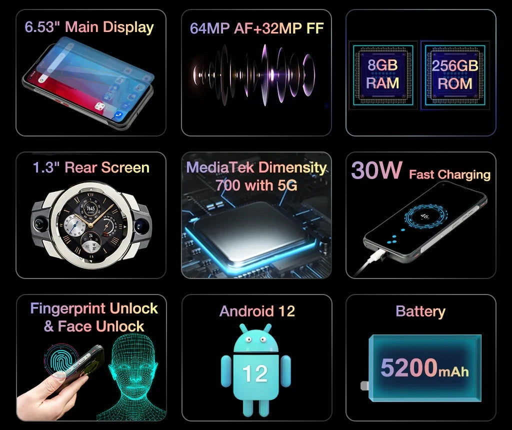 Unihertz Ticktock S Rugged 5G Smartphone 8GB 256GB Cell Phone 5200mAh Mobile Phone 64MP Camera 30W 6.53" Screen Dimensity 700
