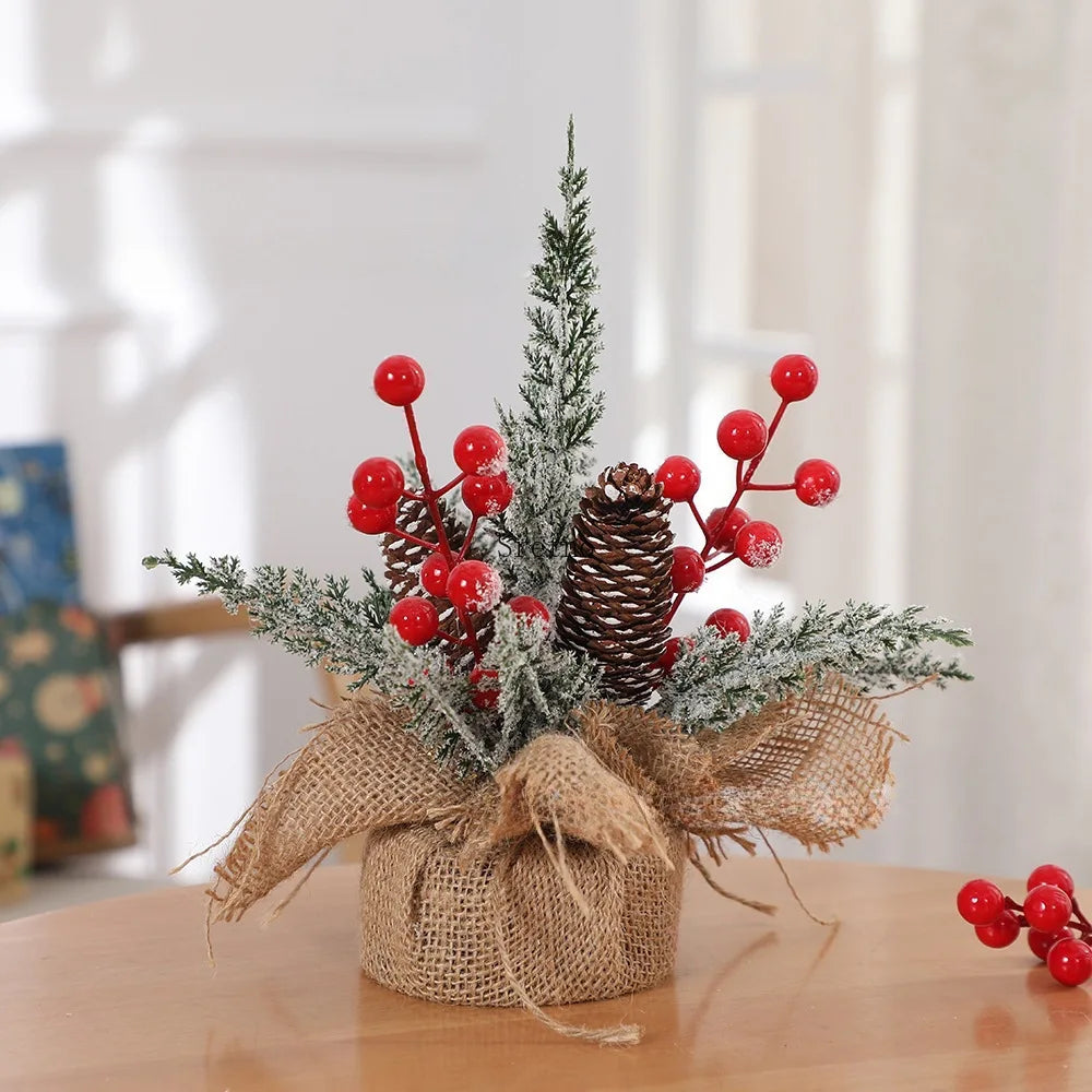 SRETNO Mini Christmas Trees Desktop Ornament Red Fruit Pine Pagoda Artificial Plants Christmas Decorations Arbolitos De Navidad