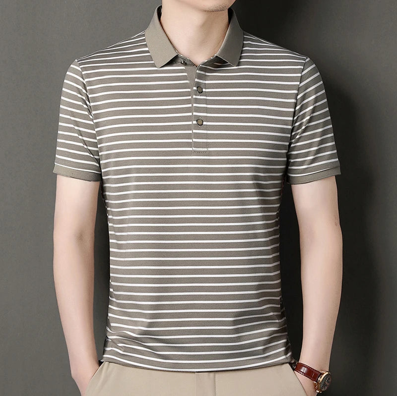 2026 Men's New Striped Cotton Business Casual Short Sleeved POLO Shirt Fashion Short Sleeved Comfortable and Breathable Top