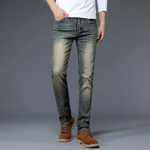 High-End Retro Men's Slim Fit Straight Leg Stretchy Faionable Jeans Spring Autumn Long Trousers Cotton Stretch Denim mid Wa...