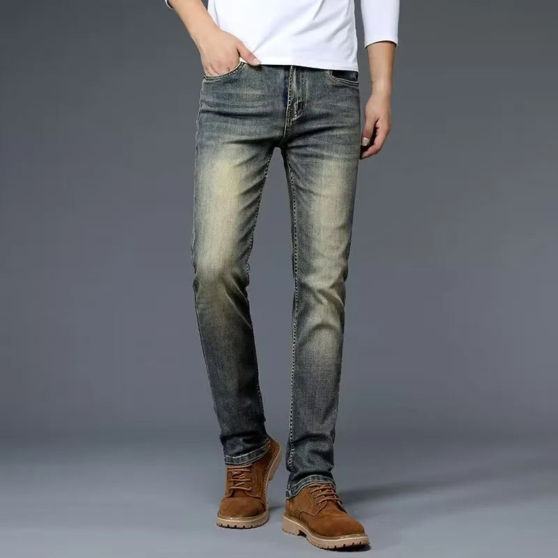 High-End Retro Men's Slim Fit Straight Leg Stretchy Faionable Jeans Spring Autumn Long Trousers Cotton Stretch Denim mid Wa...