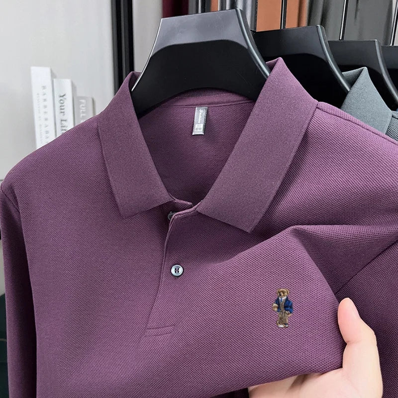 100% pure cotton men's trendy luxury brand autumn long sleeved polo shirt designer teddy bear embroidery business casual T-shirt