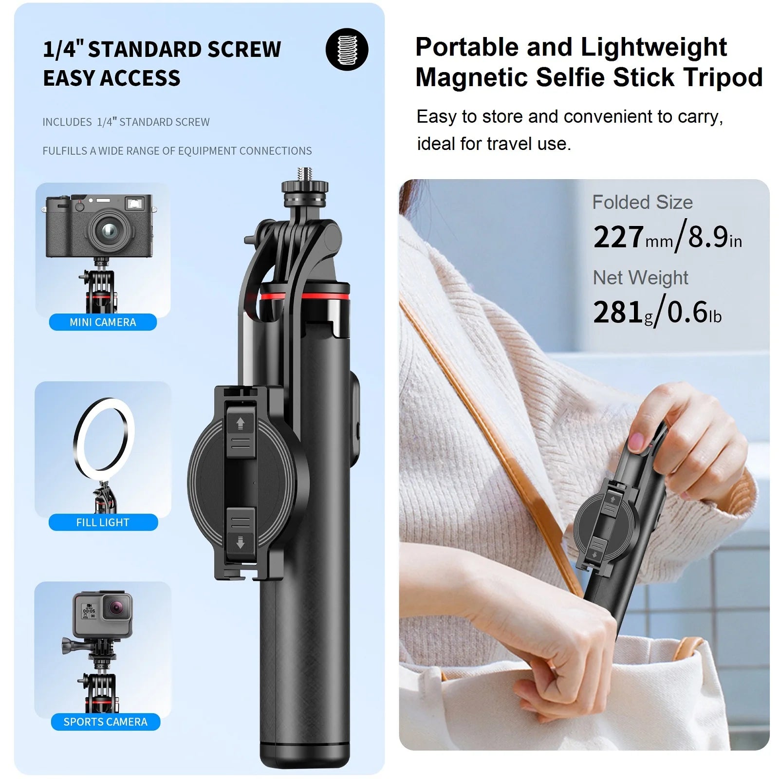 Magnetic Selfie Stick for iPhone Phone Camera 51" Extendable Magsafe Tripod Selfie Stick with Remote for Travel Vlog Videos