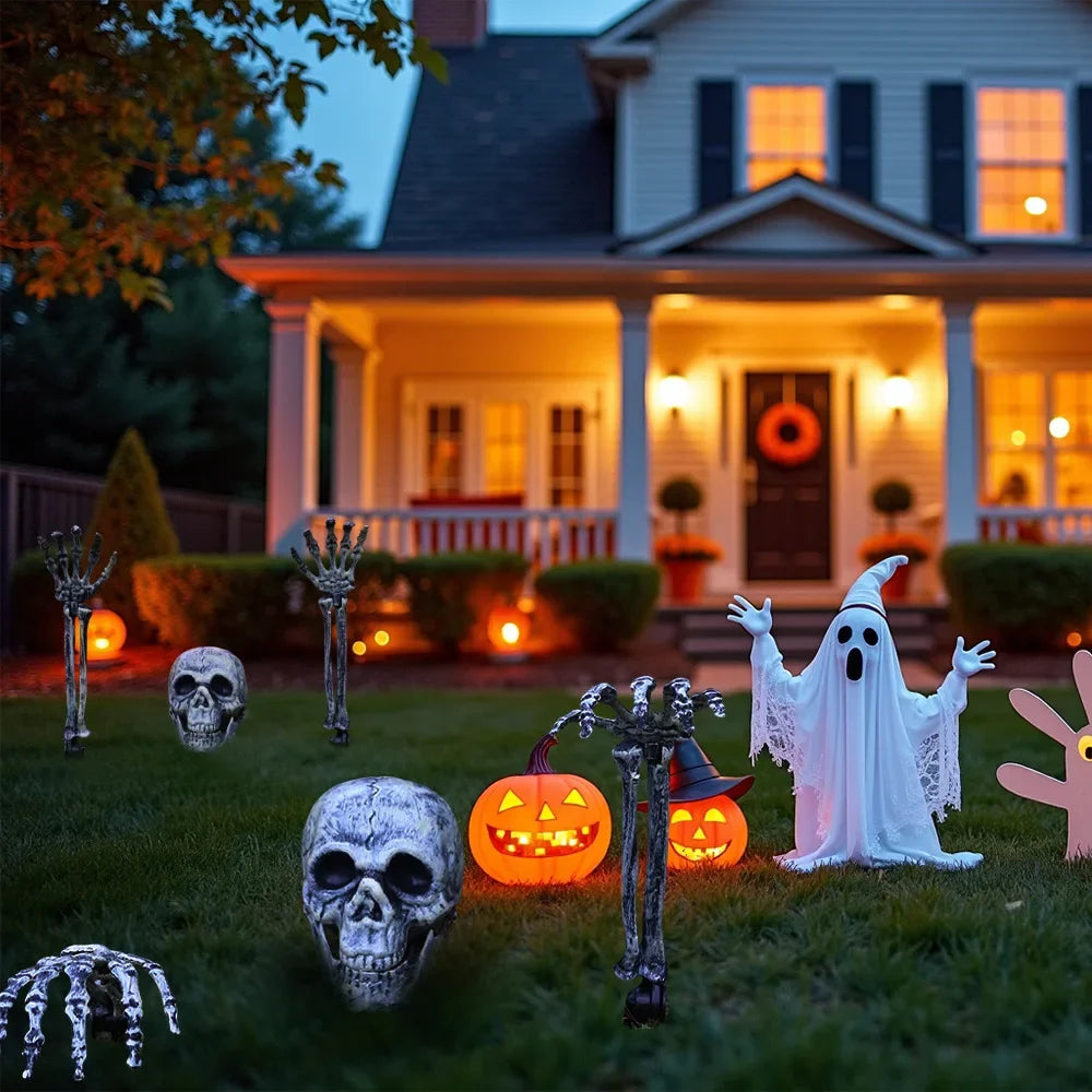 Halloween decor Skeleton Stakes Halloween Realistic Skull Skeleton Head Human Hand Arms for Halloween Party Home Garden Lawn