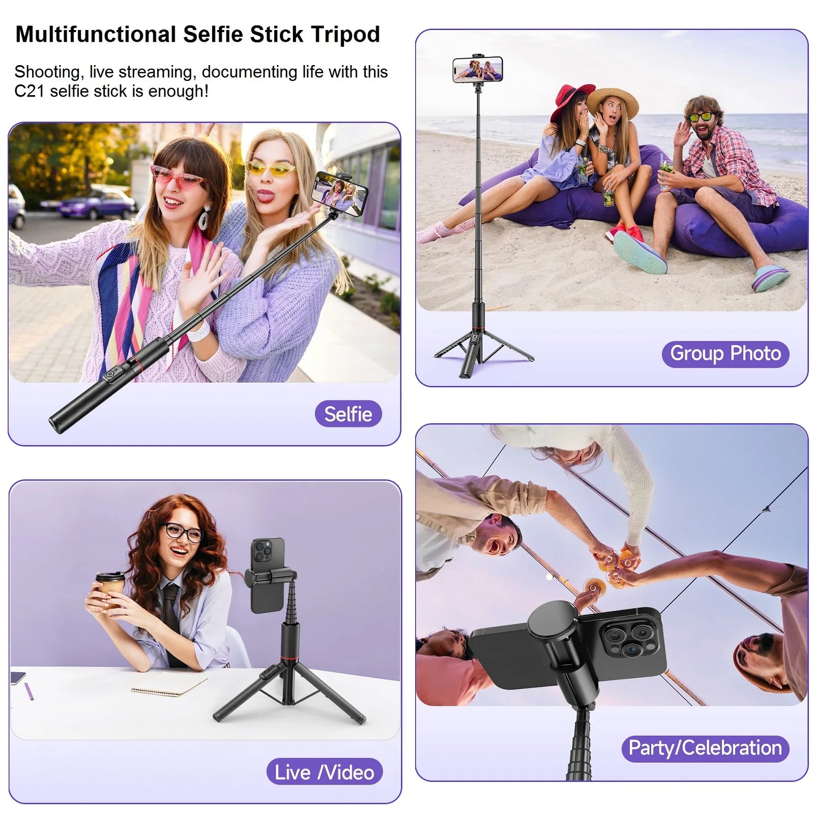 Selfie Stick for iPhone Phone 52" Wireless Selfie Stick Tripod Stand with Remote for Cellphone Video Recording Travel Vlog