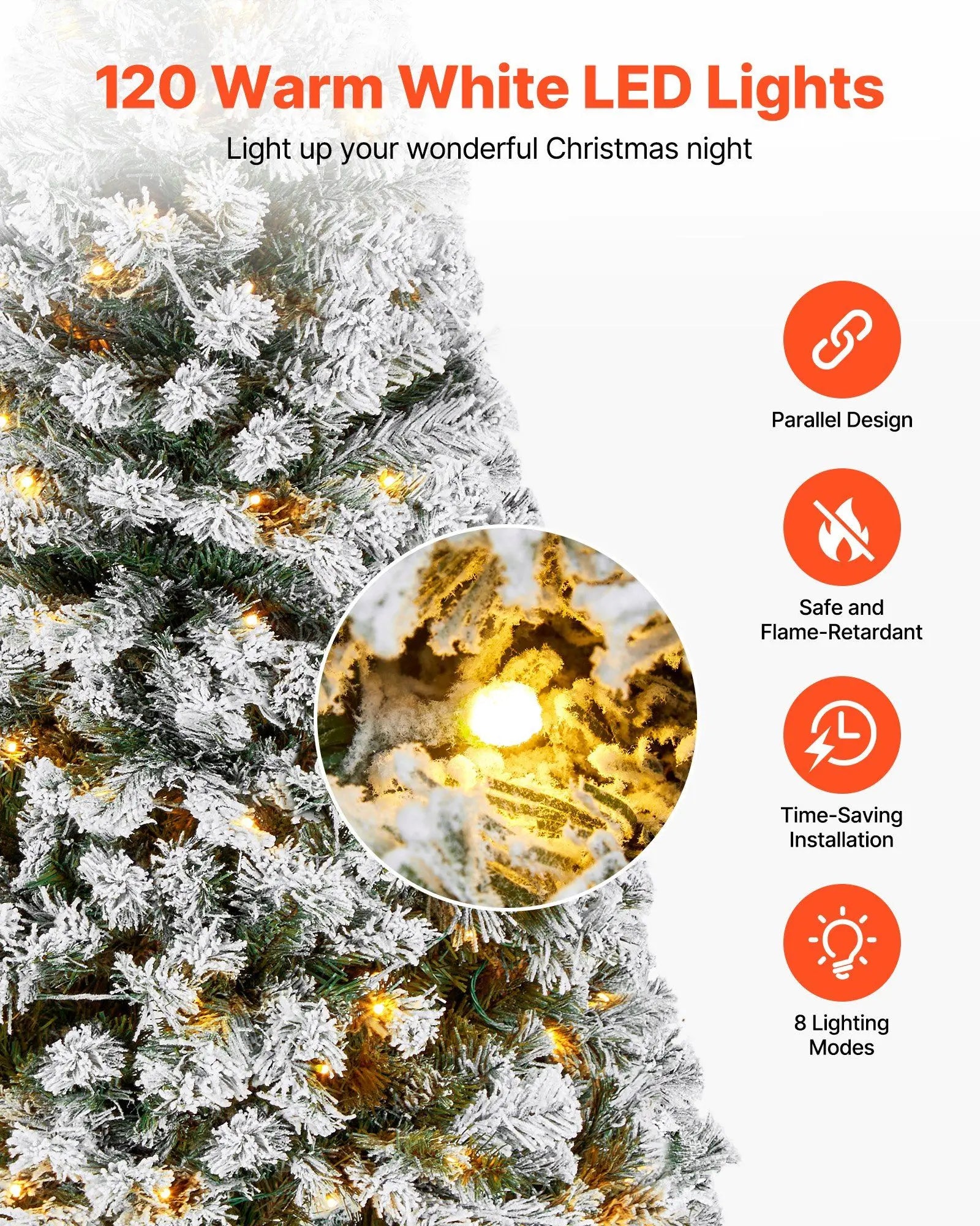 4ft Prelit Flocked Christmas Tree with 120 Warm White LEDs & 8 Modes, Full Artificial Xmas Tree for Home Office Party Decor