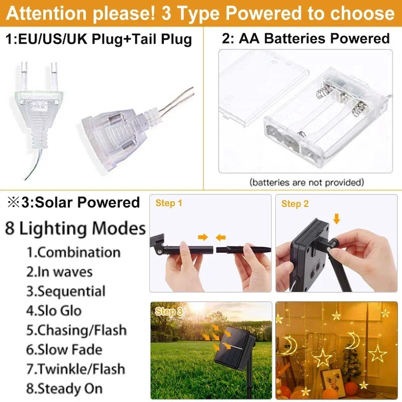 3.5m Star Moon LED Curtain String Light Solar/Battery Power Christmas Garland Fairy Lamp for Outdoor Garden Xmas NewYear Decor
