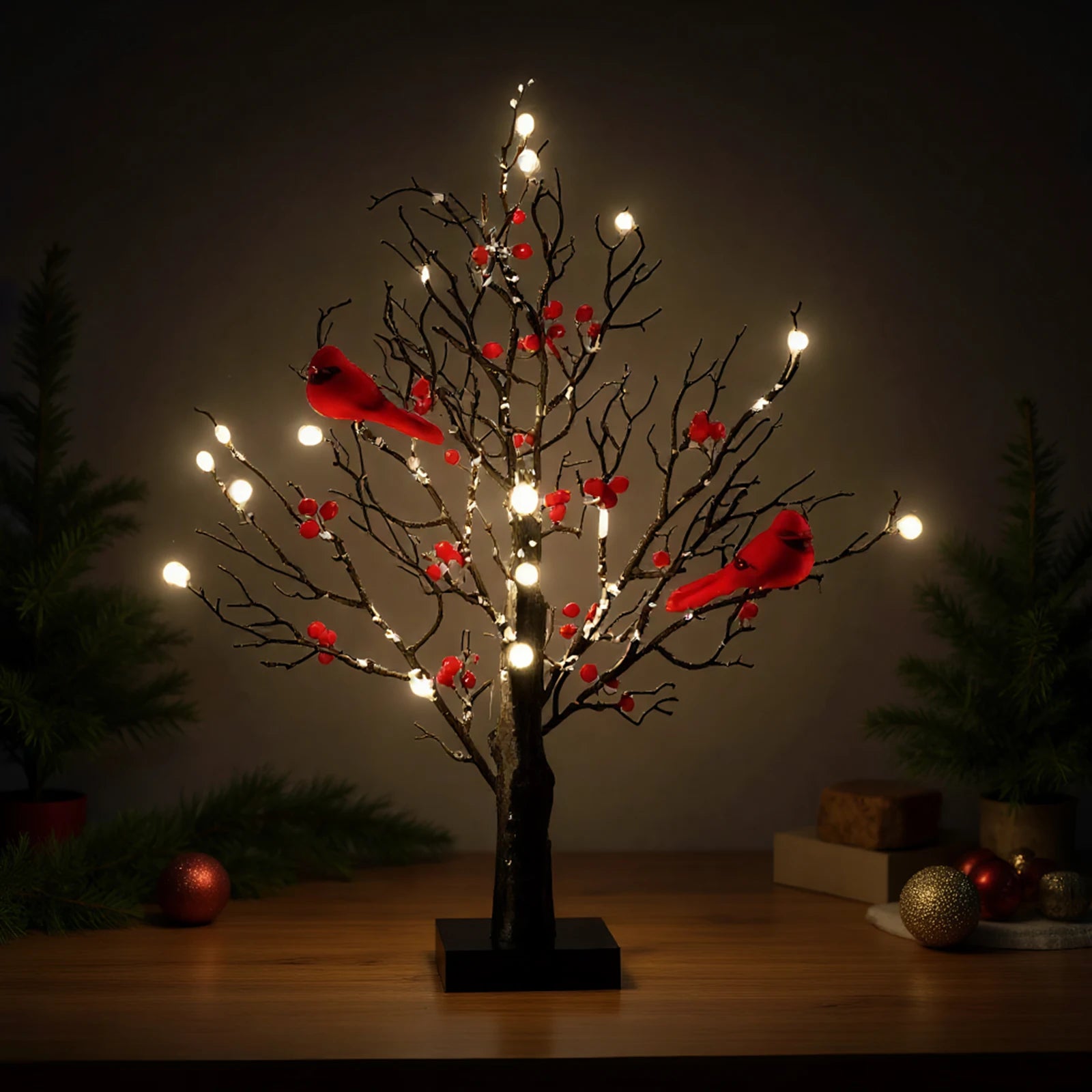 Red Bird Tree Light LED Cardinal Little Red Bird Table Decoration Twinkle Tree Lamp for Holiday Home Xmas Decor