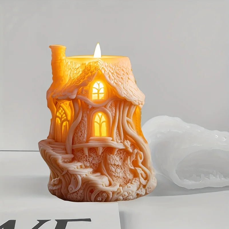 Magic House Relief Cylinder Candle Silicone Mold Halloween Gift Magic Elf Castle Cylinder Resin Mould Devil House Gypsum Molds