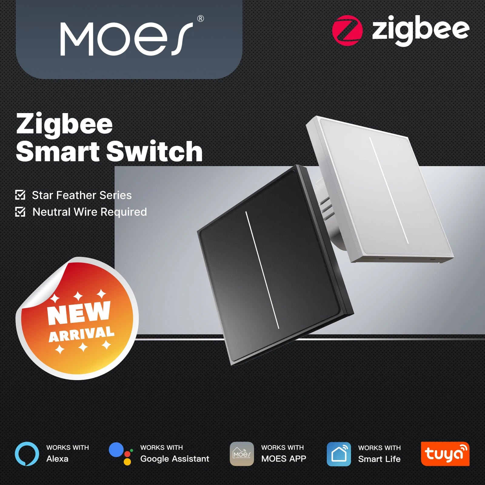 MOES ZigBee Smart Light Switch 2in1 Neutral Wire Required,Tuya APP Control,Compatible with Alexa Google Home,Star Feather Design