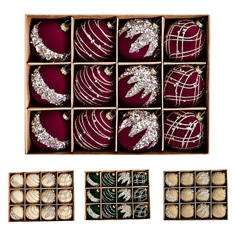 6CM 12PCS Premium Flocking Velvet Diamond Sequin Christmas Ball Window Hanging Home Christmas Decoration
