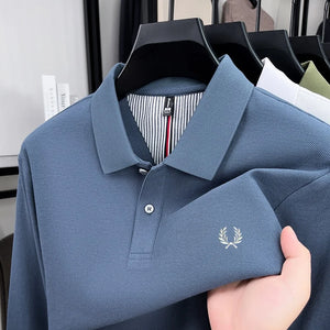 100% pure cotton autumn and winter highend men POLO shirt fashion brand embroidered wheat business casual lapel long sleeved top
