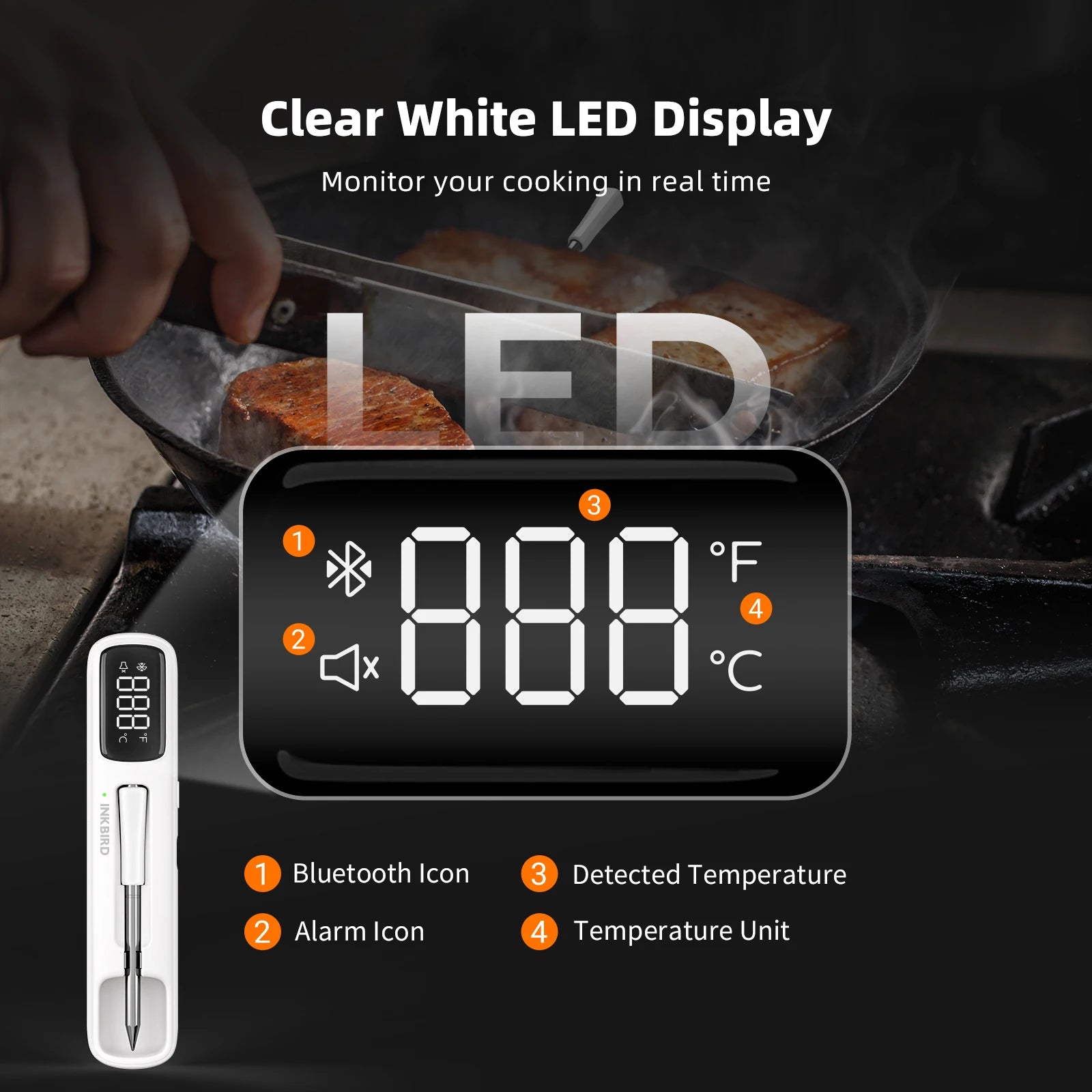 INKBIRD INT-11I-B Wireless Meat Thermometer, Bluetooth 5.4 1000ft,1s Response, IP67, 26 Presets, LED Display,for BBQ/Grill/Party