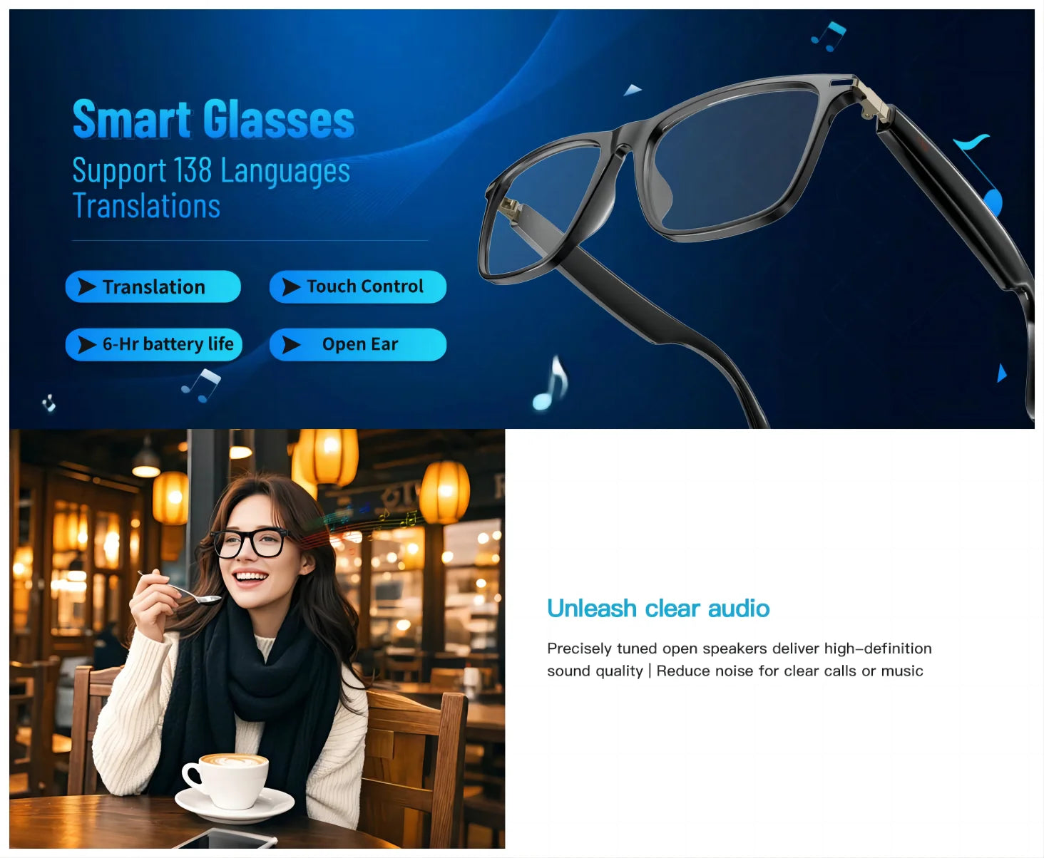 AI Translation Smart Glasses with photochromic lenses, support 160+ languages real-time translation