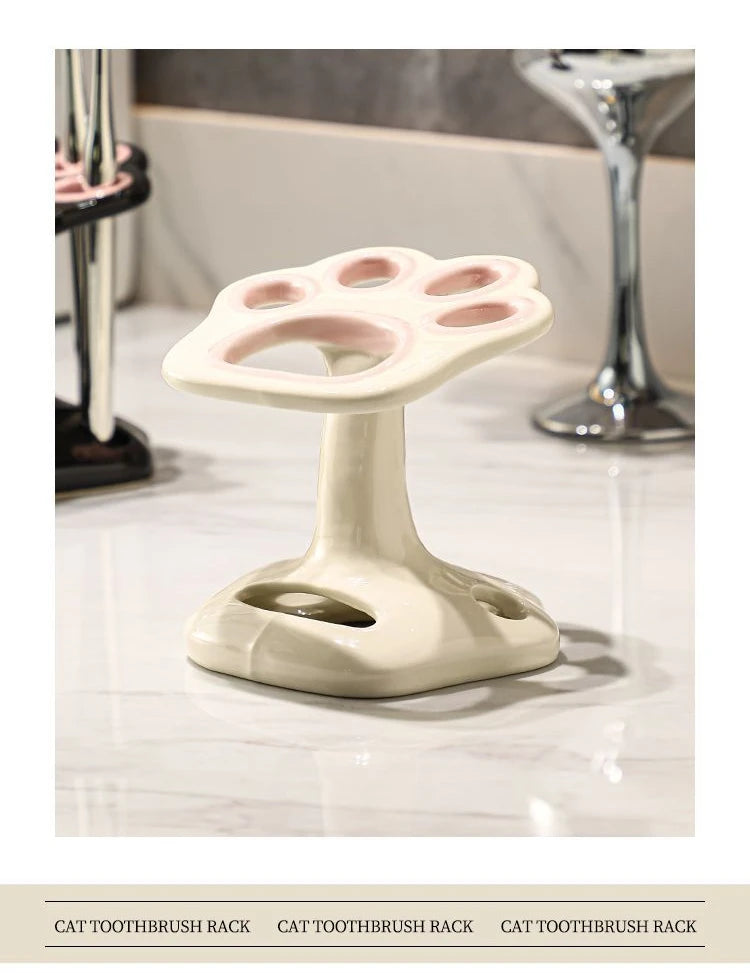 Cat Paw Shape Ceramic Toothbrush Holder Cute No Punching Toothbrush Holder Base Makeup Brush Storage Bathroom Accessories Tool