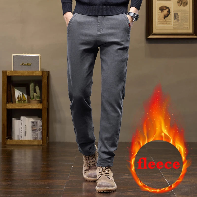 Warm Fleece Pants Winter Man Cowboy Man Thermal Fleece Lined Korean Fashion Slim Thicken Plush Wool Boot Cut Jeans Men
