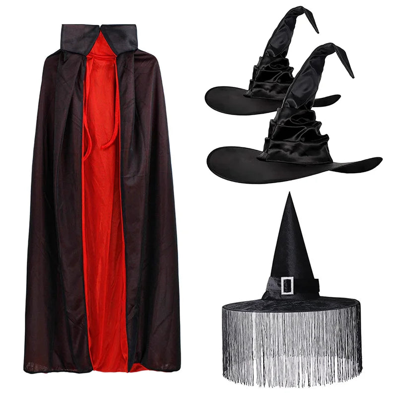 Black Witch Hat Halloween Folds Wizard Party Cosplay Costume Headgear Devil Cap Props Decoration Supplies for Adult Women Men