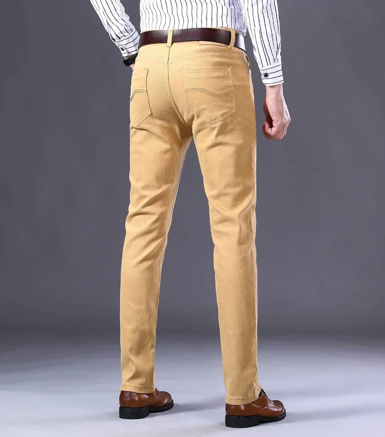Men's Jeans Pure White Fashion Elastic Slim Youth Slimming Straight Leg Male Pants Business Casual Middle Age High End Trousers - You Offer