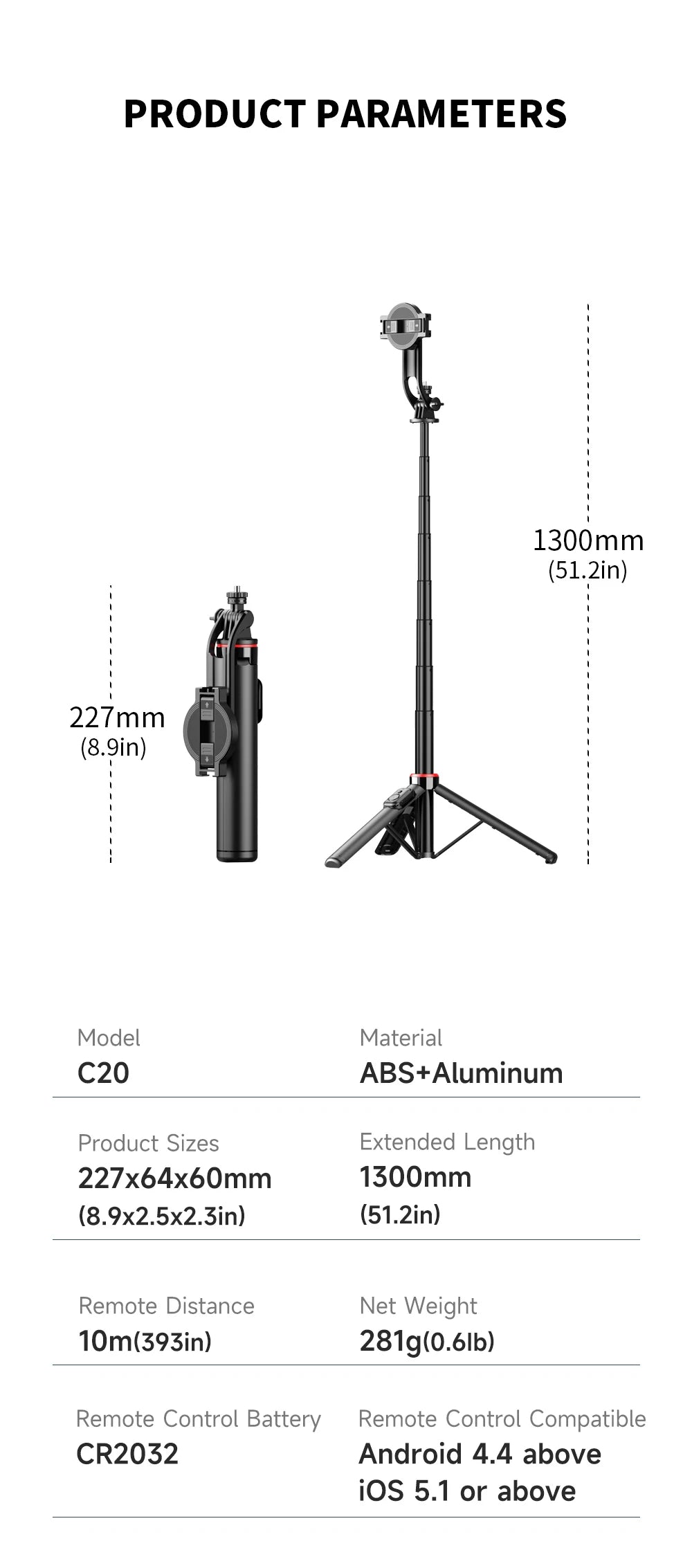 C20 Magnetic Selfie Stick Tripod for iPhone 12-16 Pro Max Travel Stand with Magsafe Phone Clamp for Android Smartphone