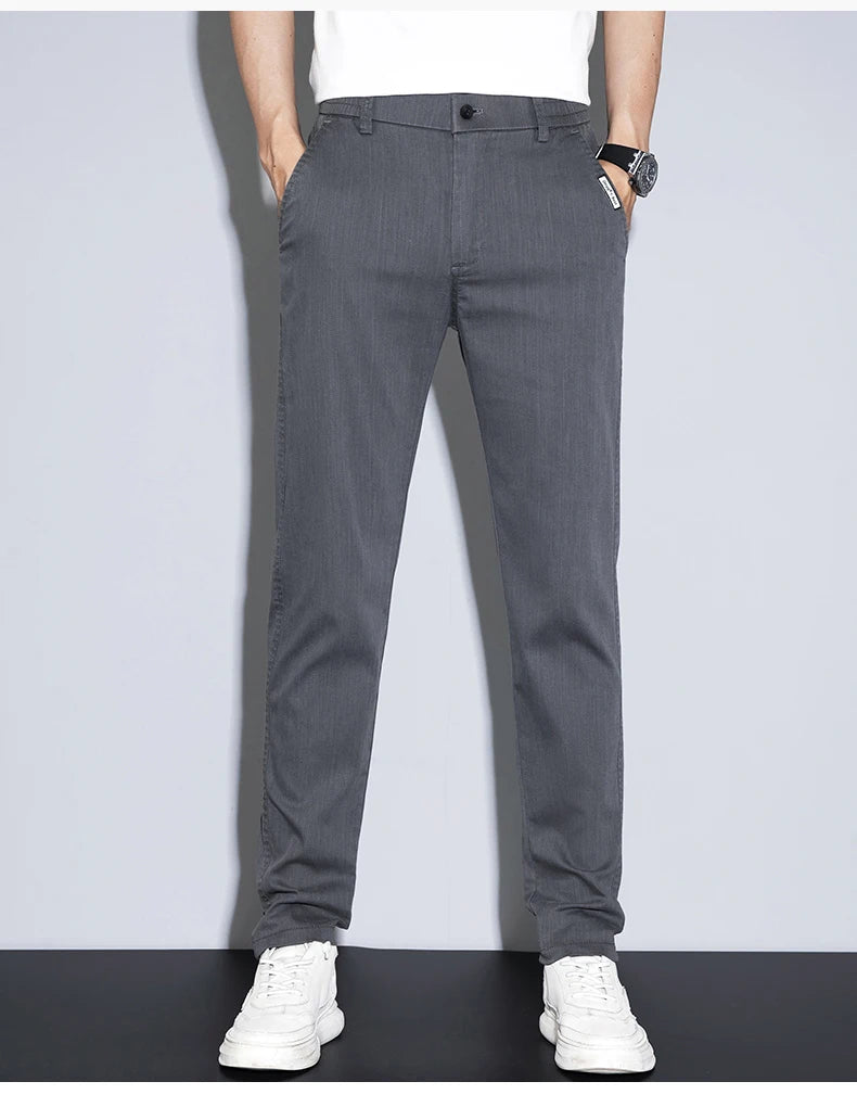Spring Summer Classic Men's Casual Pants Stretch Slim Business Cotton Trousers Fashion Zippered Pocket Thin Men Pants Korean - You Offer