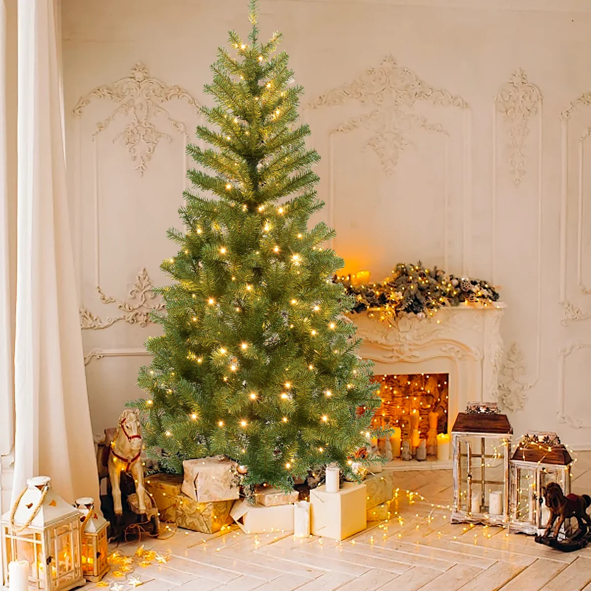 6FT/6.23FT Pre-lit Falling Snow Artificial Christmas Tree, Indoor, Holiday, DIY, Home, Room, Kitchen, Party, Christmas Decor