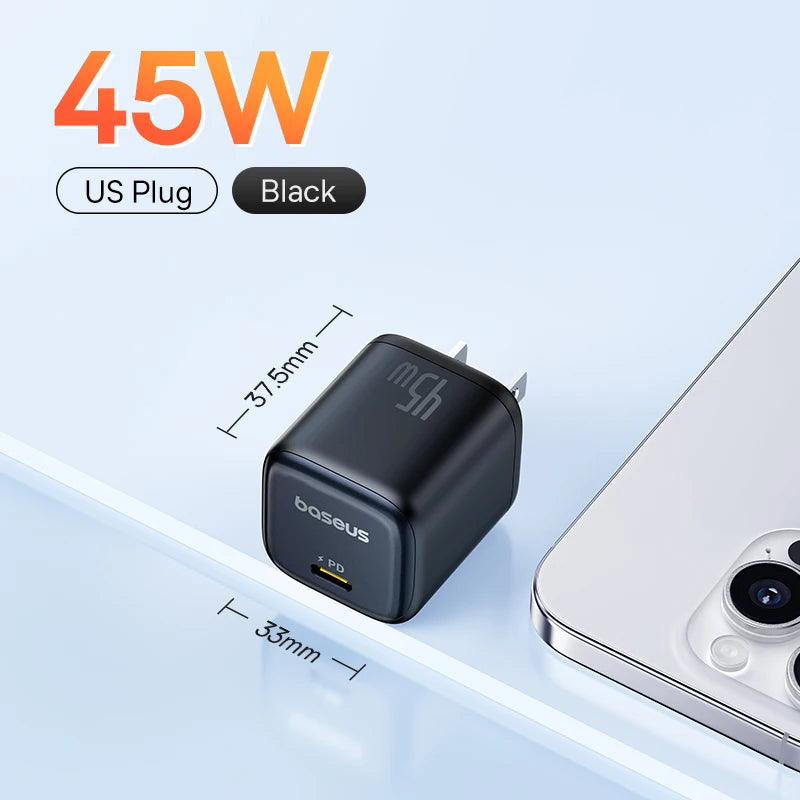 Baseus 45W PD Charger For iPhone 17 16 15 Pro Max Samsung Galaxy Fast Charger GaN Charger USB C Charger Portable Phone Charger