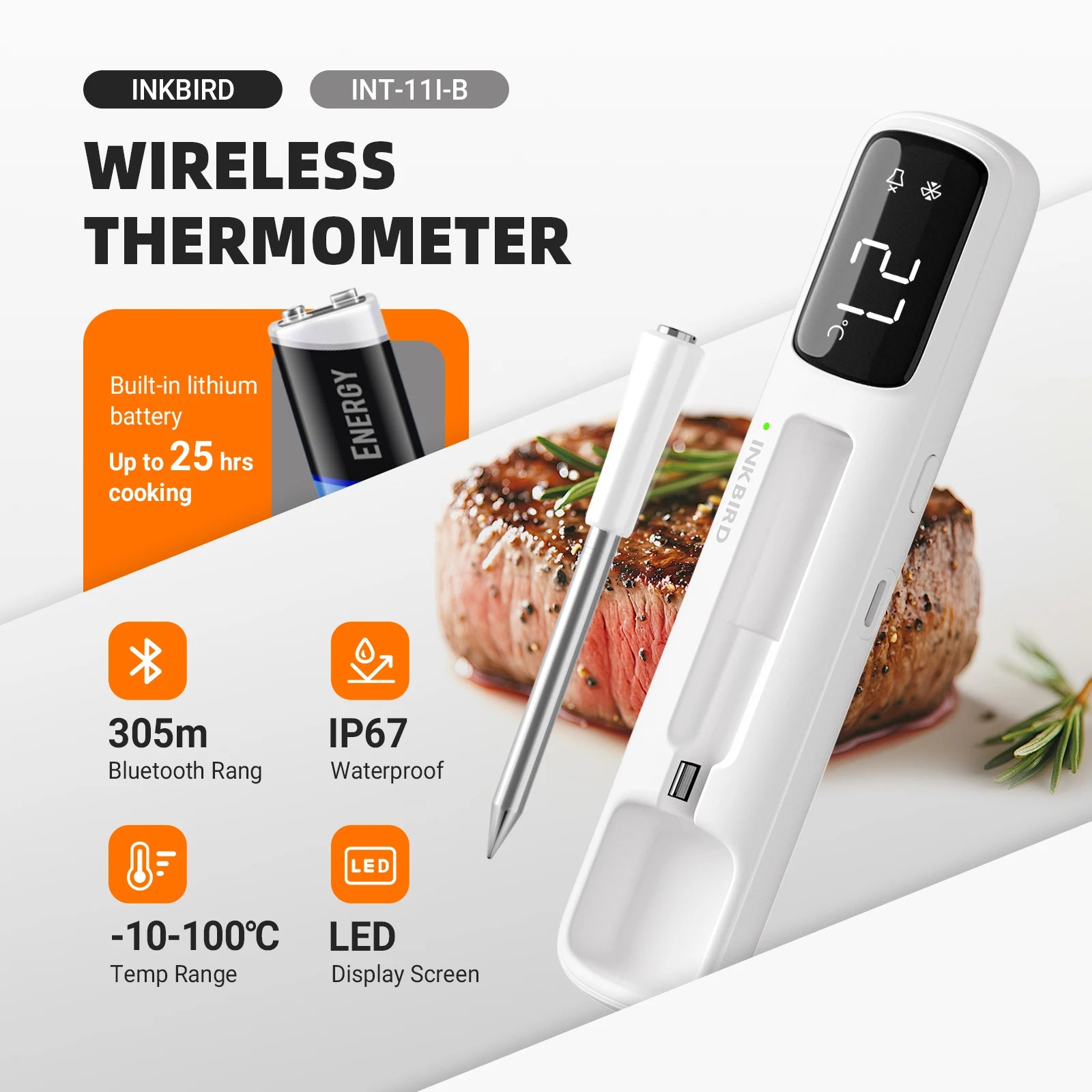 INKBIRD INT-11I-B Wireless Meat Thermometer, Bluetooth 5.4 1000ft,1s Response, IP67, 26 Presets, LED Display,for BBQ/Grill/Party
