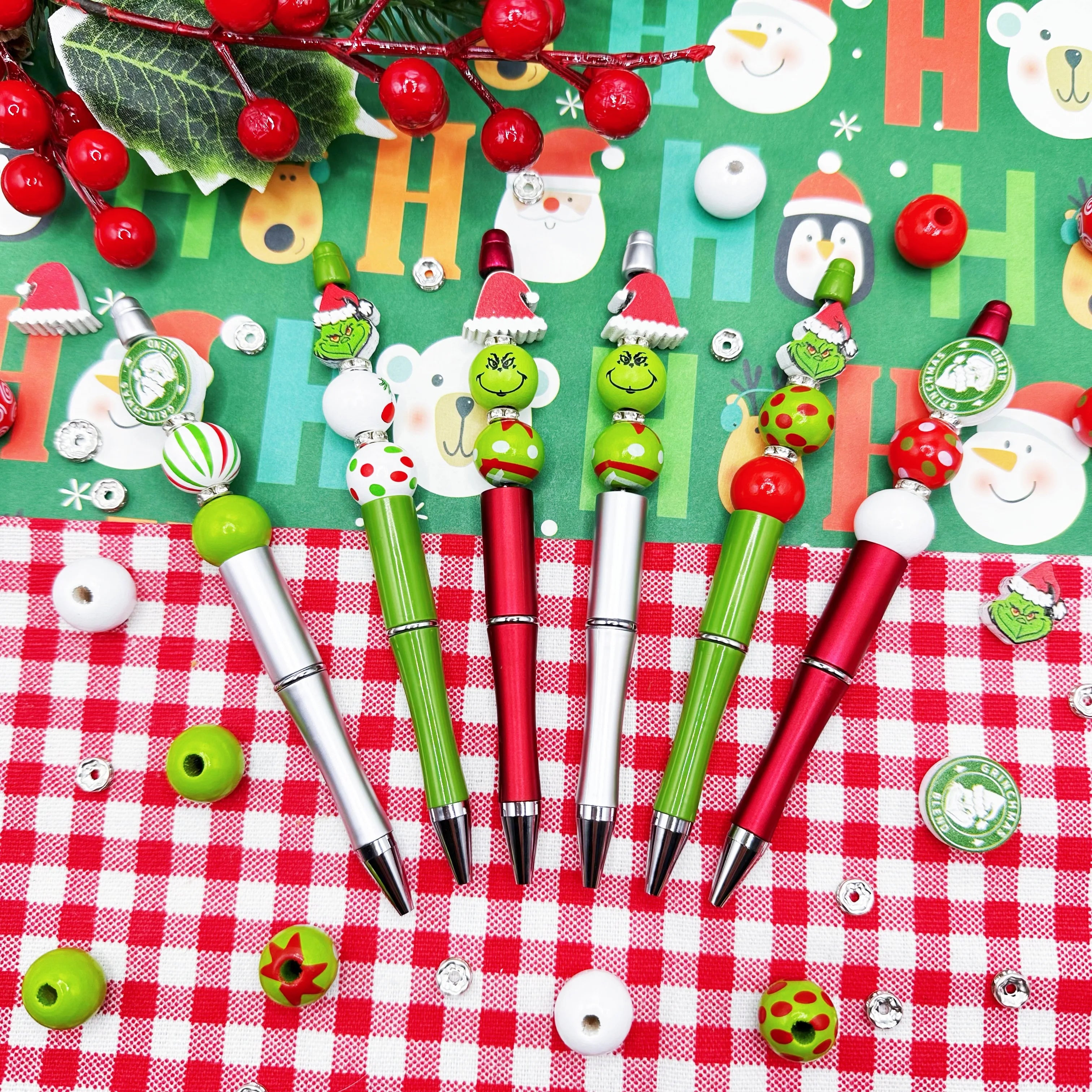 6PCS Christmas Grinch Theme Creative DIY Bead Pen Set, Office and Study Supplies Birthday Gift