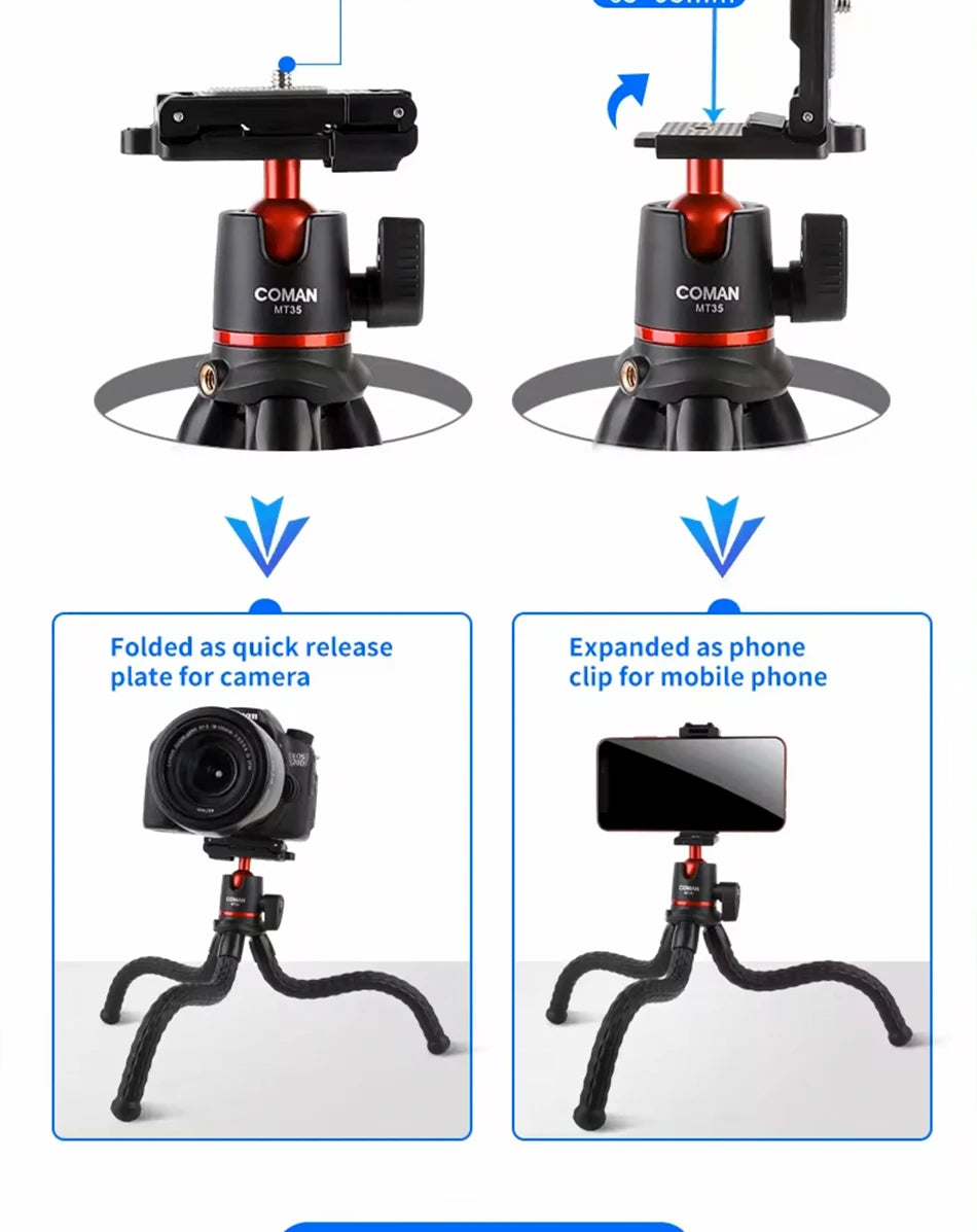 COMAN MT-35 Flexible Camera Tripod Hidden Phone Tripod Mount With Cold Shoe Smartphone DSLR Tripod For iPhone 15 Pro Max Samsung