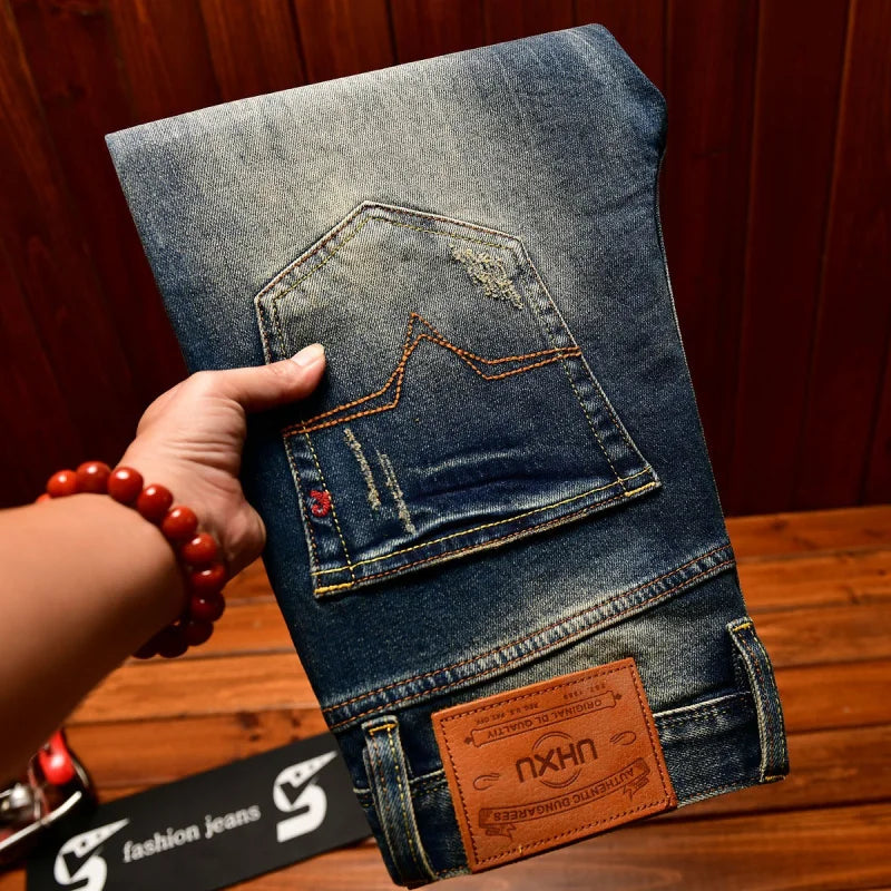 Heavy duty denim washed retro jeans for men 2025 new slim fit small foot elastic trendy brand casual Korean version pants - You Offer