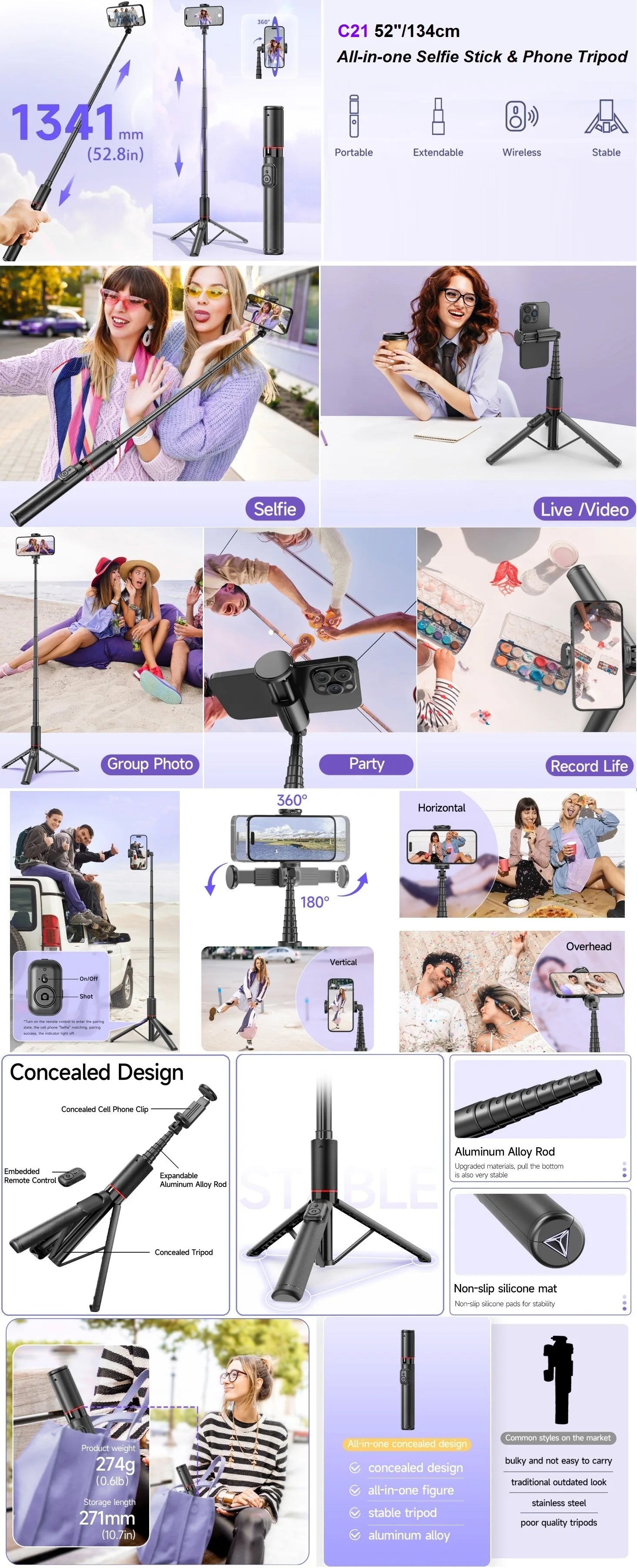 Selfie Stick for iPhone Phone 52" Wireless Selfie Stick Tripod Stand with Remote for Cellphone Video Recording Travel Vlog