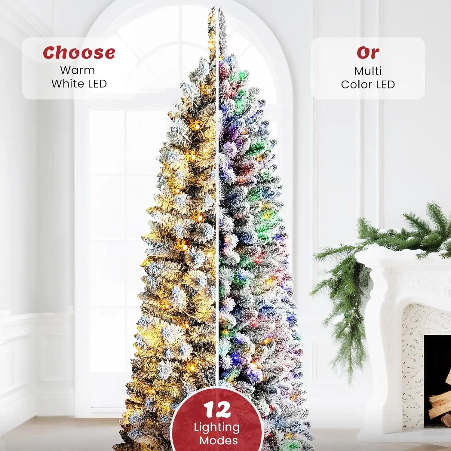7ft Flocked Pencil Christmas Tree, Artificial Xmas Tree with Warm White & Multi-Color Lights, Remote Control
