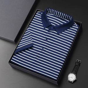 2026 Men's New Striped Cotton Business Casual Short Sleeved POLO Shirt Fashion Short Sleeved Comfortable and Breathable Top