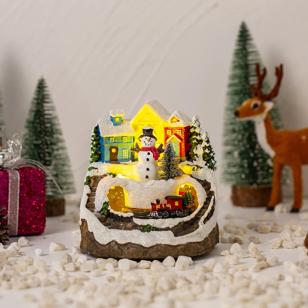Christmas House Village Electric Music Box Glowing Christmas Snow Village Santa Claus House Miniature Ornaments Xmas Decor