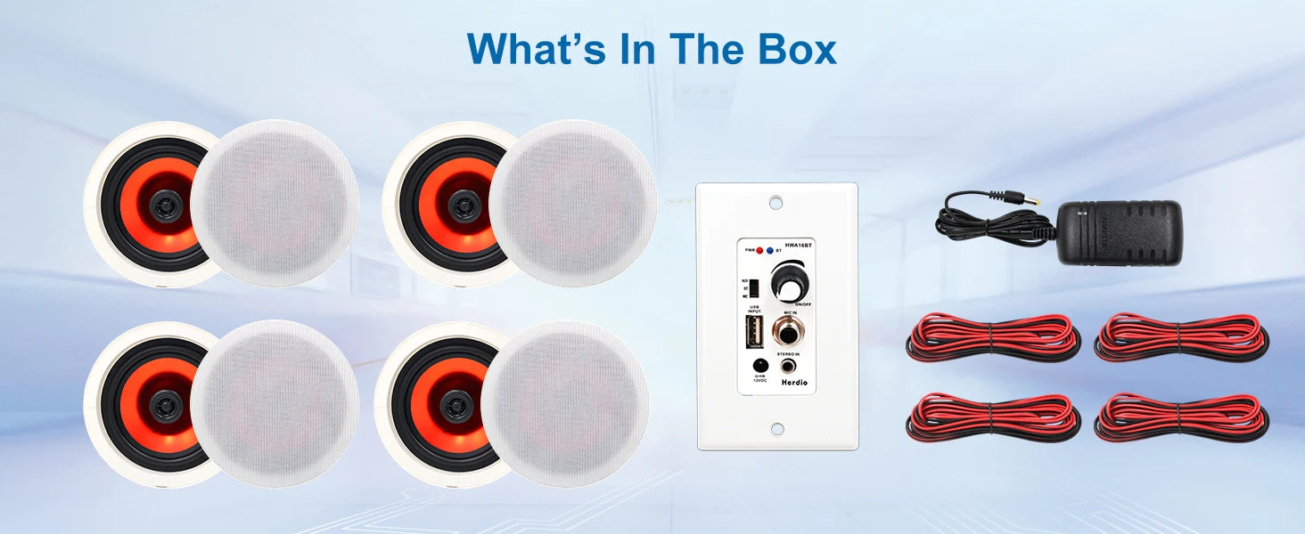 Herdio 6.5'' 4PCS Bluetooth In Ceiling Speakers 600W 2-Way Flush Mount Speakers System With Wall Amplifier Receiver For Bathroom