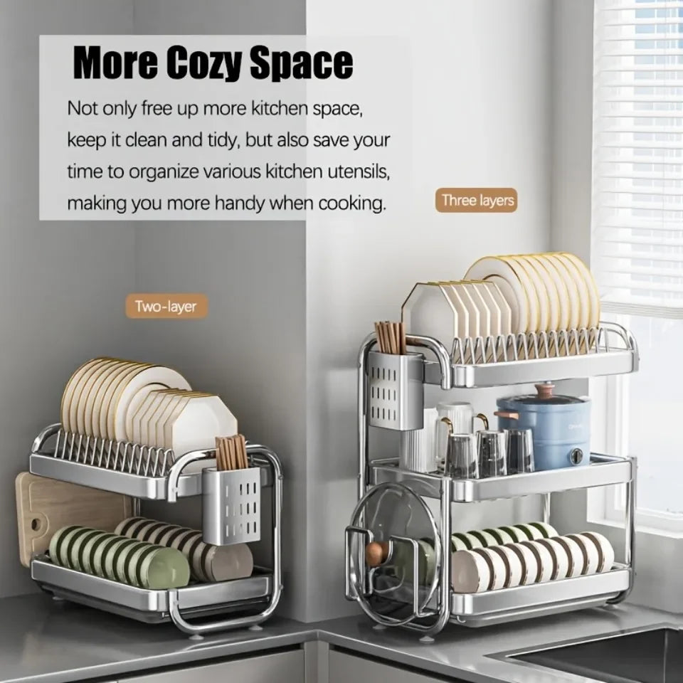 Dish Drying Rack Multifunctional Rustproof Big-capacity Bowl Storage Shelf Stainless Steel Multilayer Spacesaving Draining Shelf