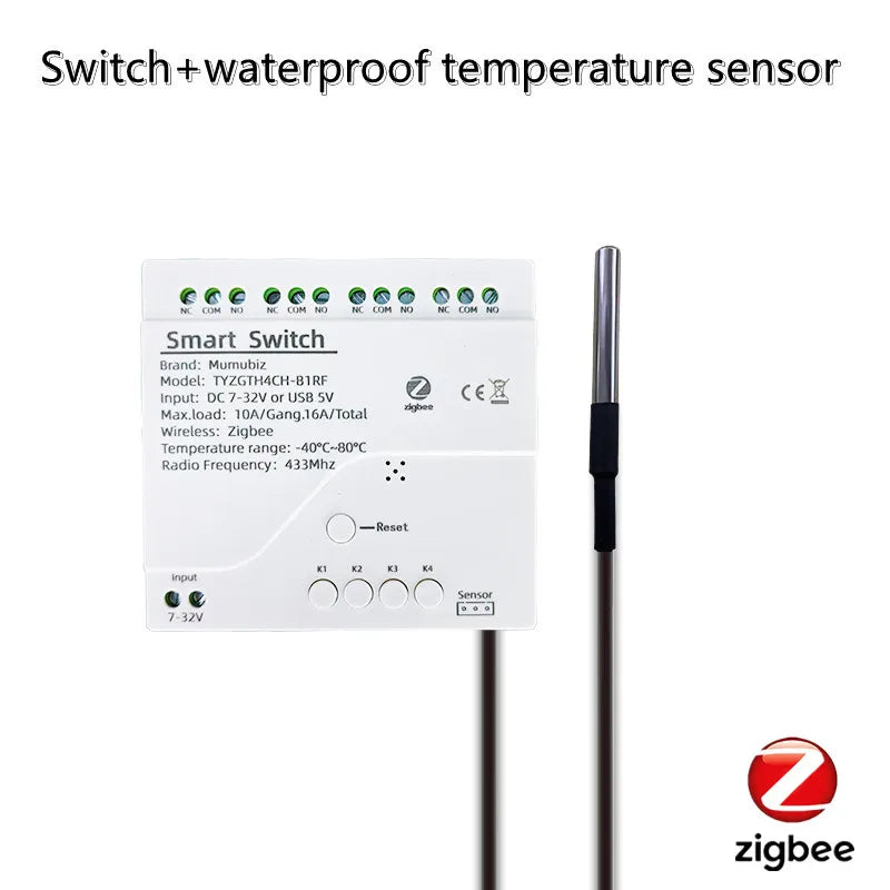 Tuya Smart TH10 Zigbee 4 Channel Switch with Temperature and Humidity Sensor Passive Dry Contact Zigbee Relay Work with Alexa