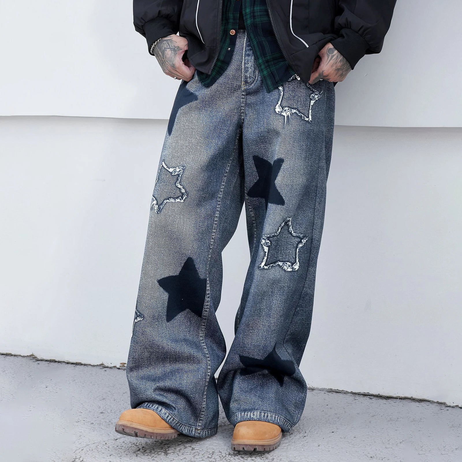 2026 Collection Men Jeans Urban Cool Stars Embroidery Loose Casual Jeans Trousers Streetwear for Daily Party - You Offer