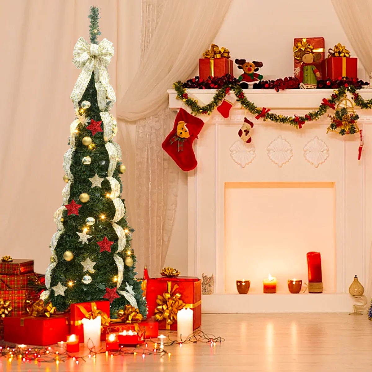 6FT/6.23FT Pre-lit Falling Snow Artificial Christmas Tree, Indoor, Holiday, DIY, Home, Room, Kitchen, Party, Christmas Decor